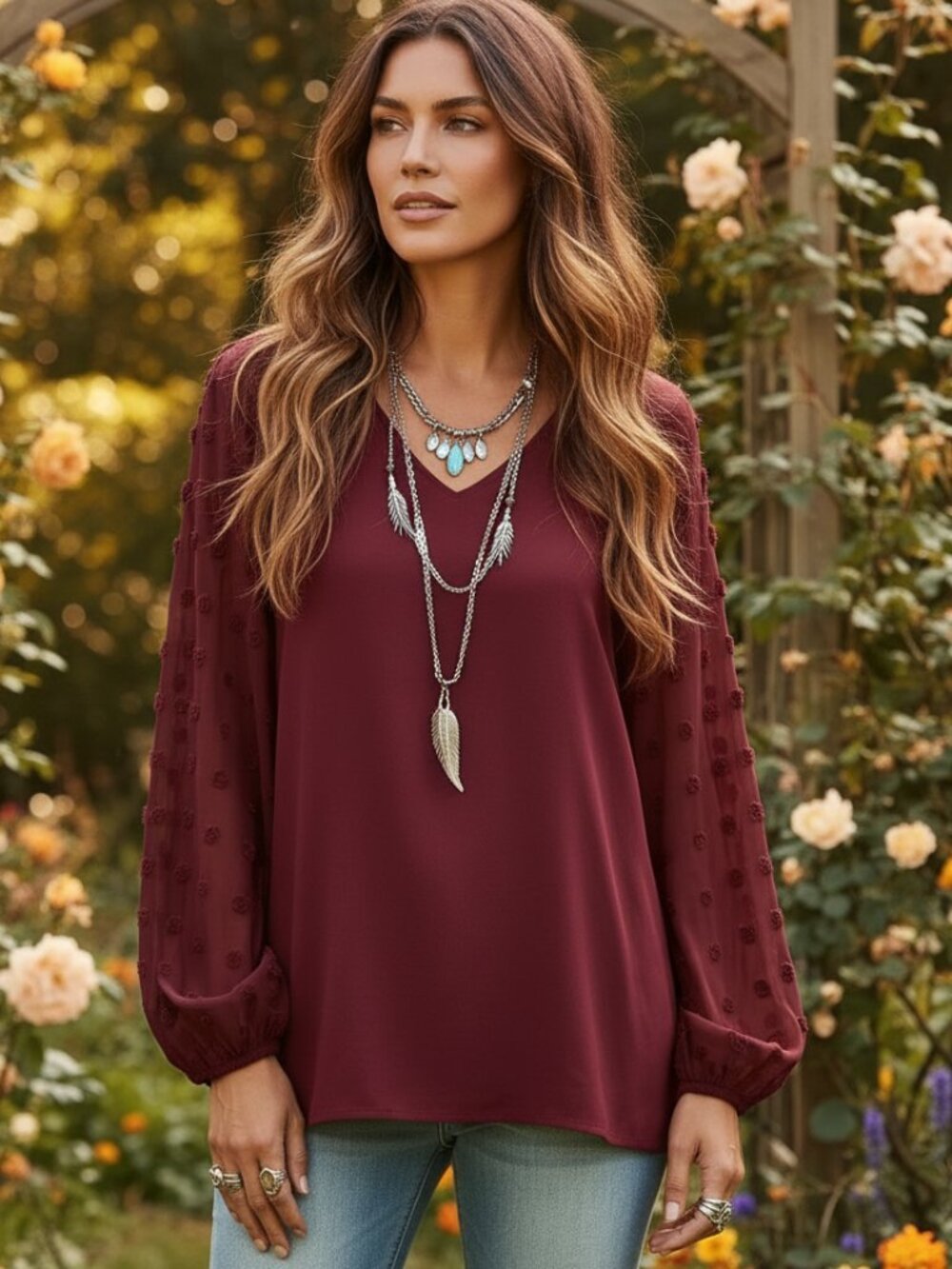 Fashion Collection XL Top Burgundy V Neck Sheer LS Swiss Dot Whimsigoth Boho Mod
